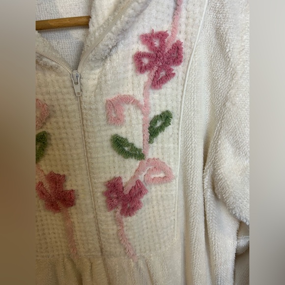 National Vintage Towel Robe Floral Embroidered Mid zip Size M Chic 90s Romantic - Picture 10 of 16